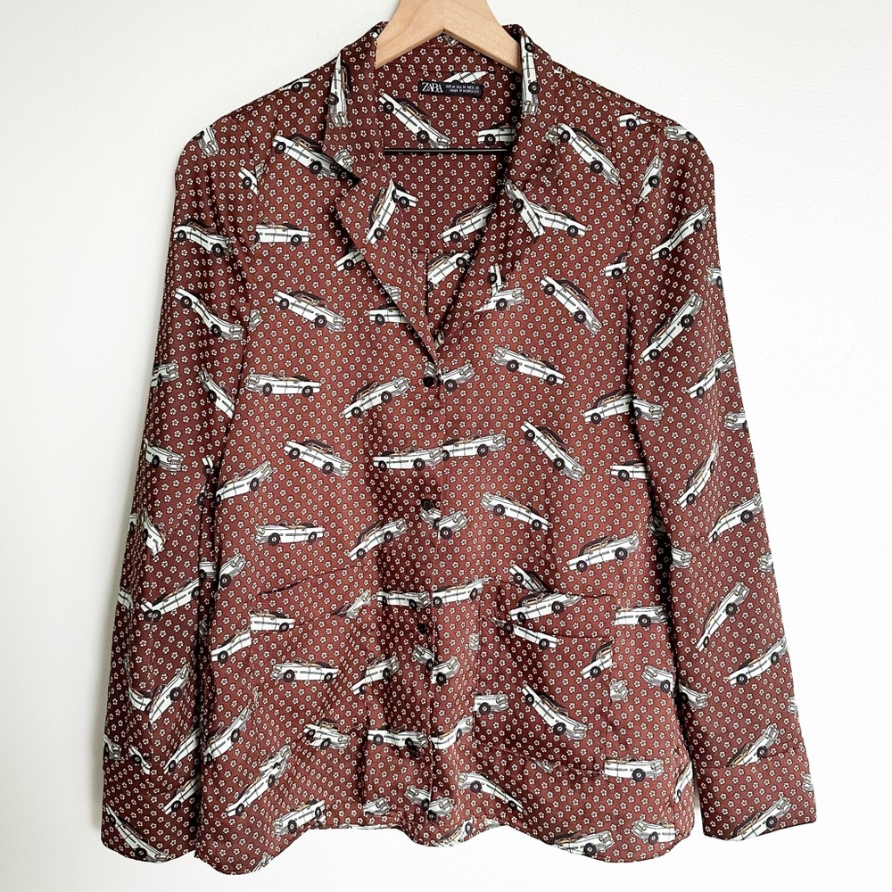 Zara Retro Vintage Car & Floral Print Button Down Blouse